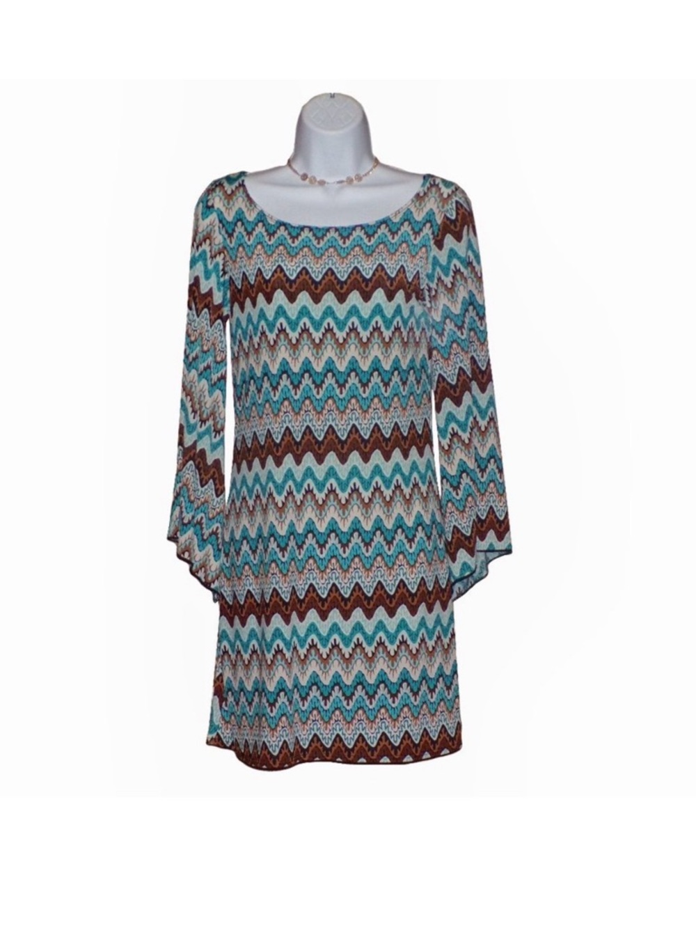 Star Vixen Teal and Brown Chevron Long Sleeve Shift Dress